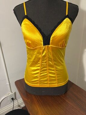 Moda Yellow Satin Camisole with Black Lace Trim